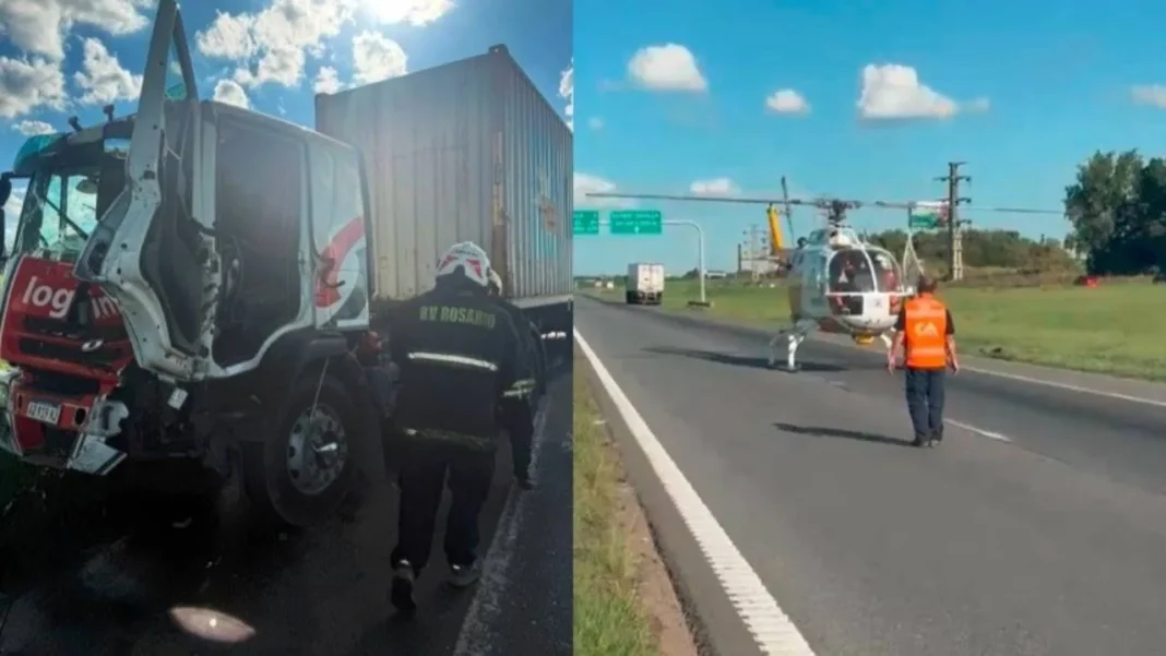 Servicios de emergencia en la autopista Rosario-Buenos Aires tras el accidente de un camión.