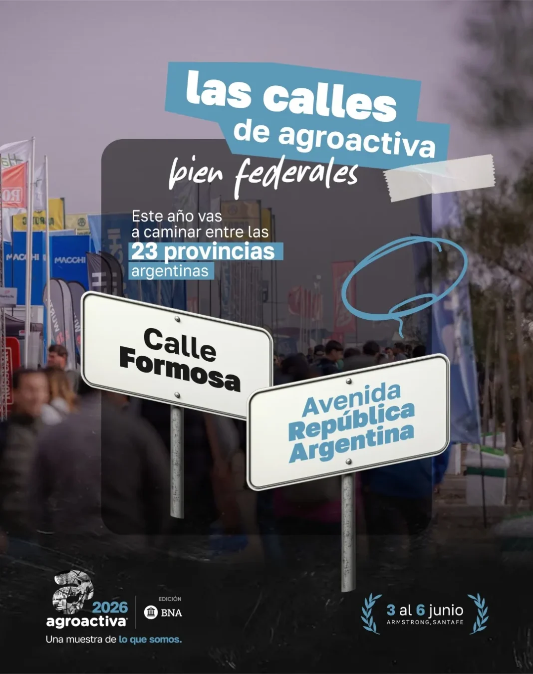 Vista aérea del predio de AgroActiva en Armstrong, Santa Fe, con calles identificadas con nombres de provincias argentinas