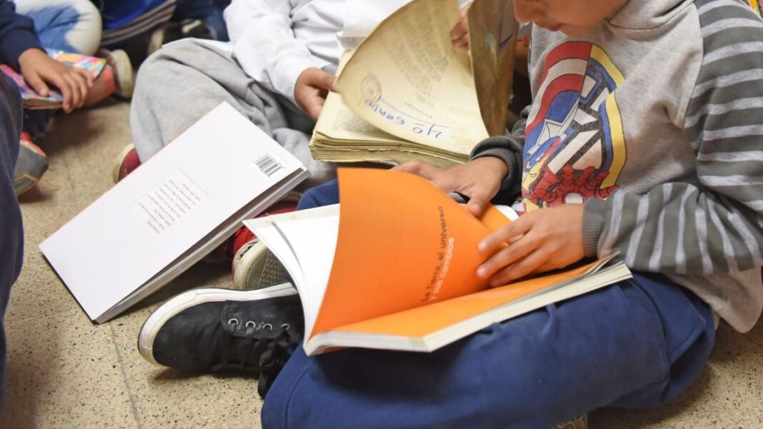 Niño leyendo un libro en un aula, representando el desafío de la alfabetización.
