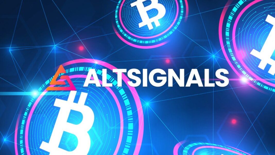 Logotipo de AltSignals junto a una representación gráfica de un token digital y gráficos de trading.