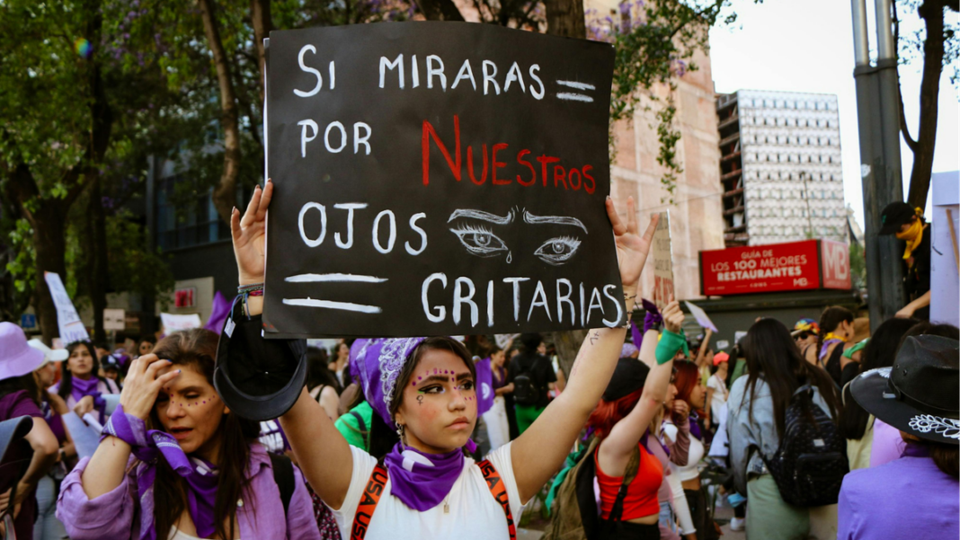 Ilustración conceptual sobre violencia digital y acoso en línea contra mujeres