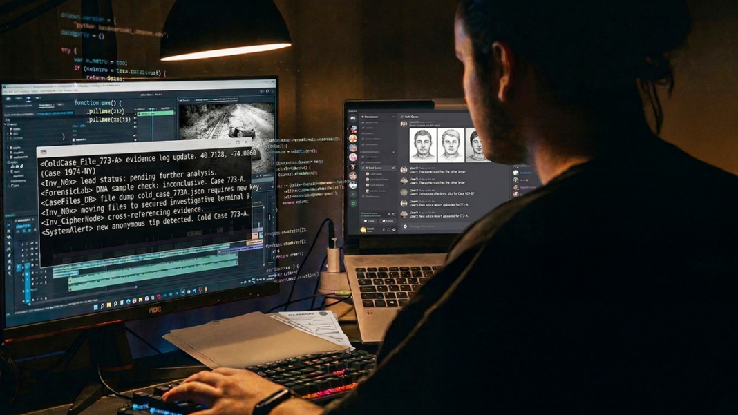 Ilustración conceptual de una lupa sobre un fondo de conexiones digitales globales.