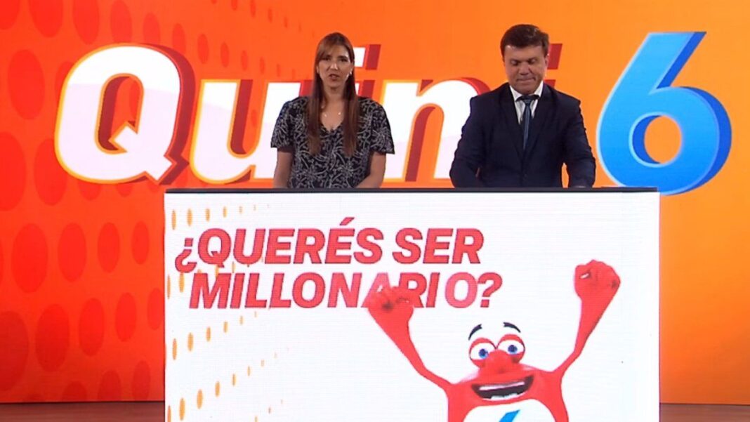 Boleto de lotería Quini 6 sobre fondo representativo de la provincia de Santa Fe