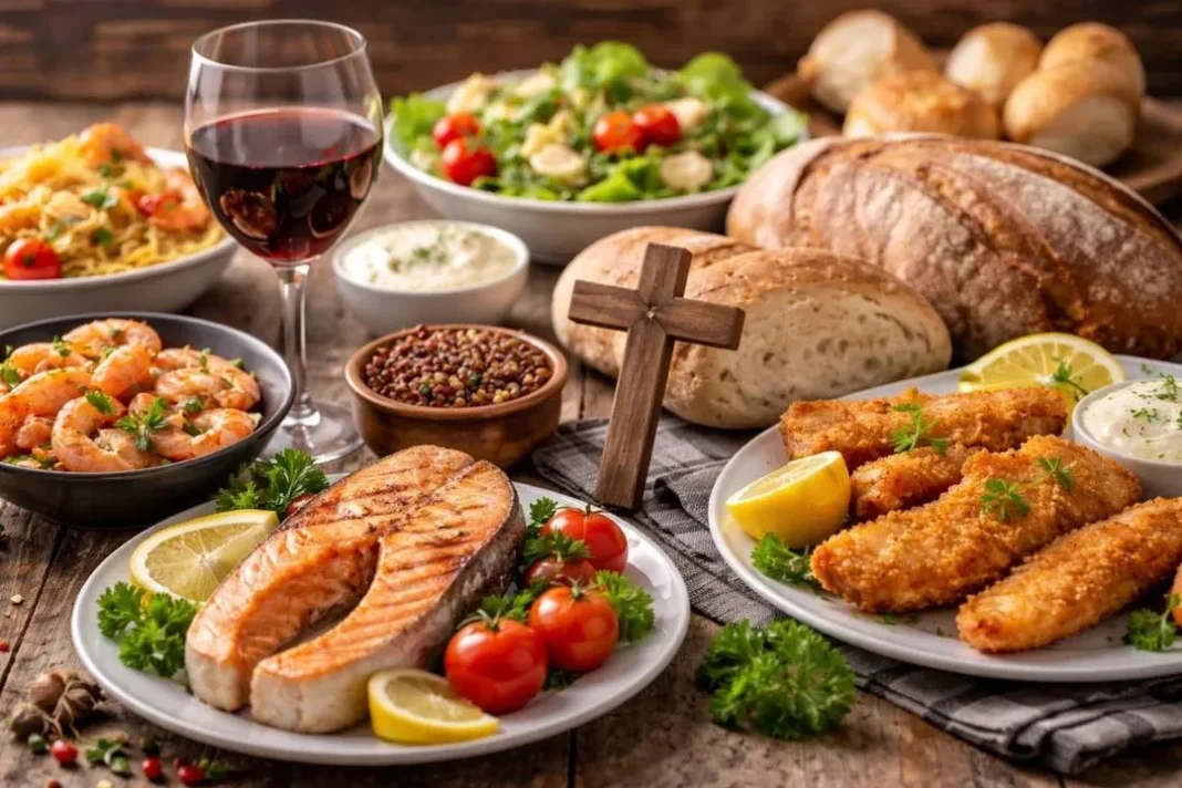 Plato de pescado y alimentos típicos de la Cuaresma sobre una mesa