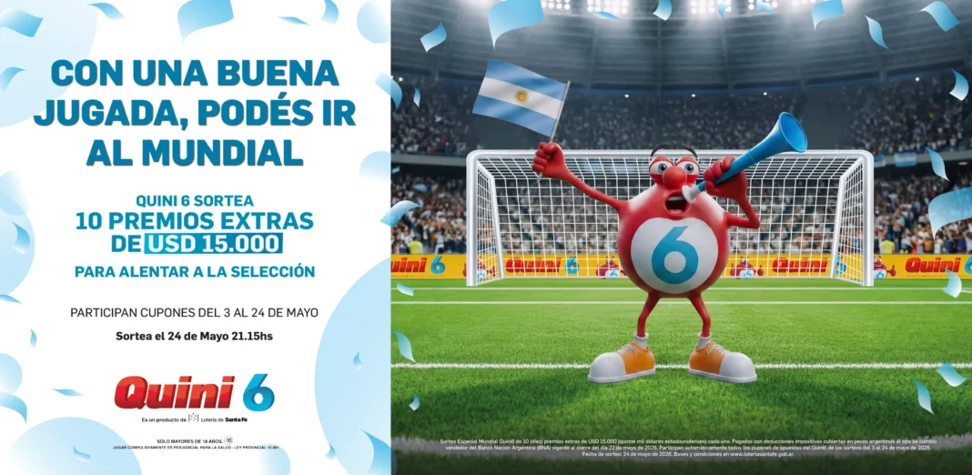 Boleto de Quini 6 con fondo de estadio de fútbol y bandera argentina